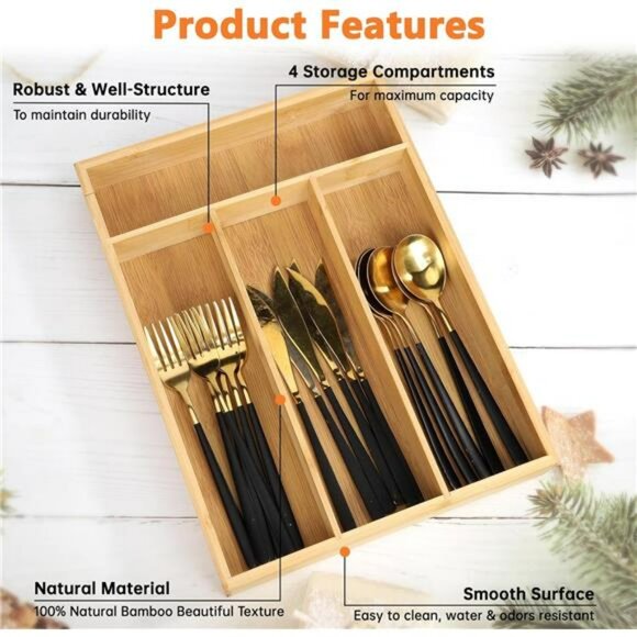 Bamboo drawer organizer silverware tray utensil holder cutlery storage divider - Picture 4 of 7